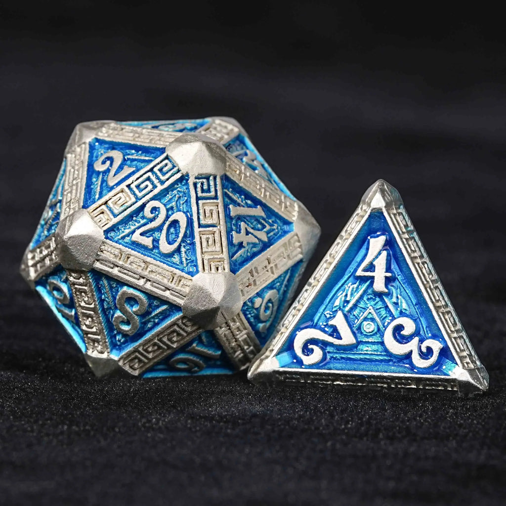 Silver and Blue Greek Refrain Metal DND Dice Set