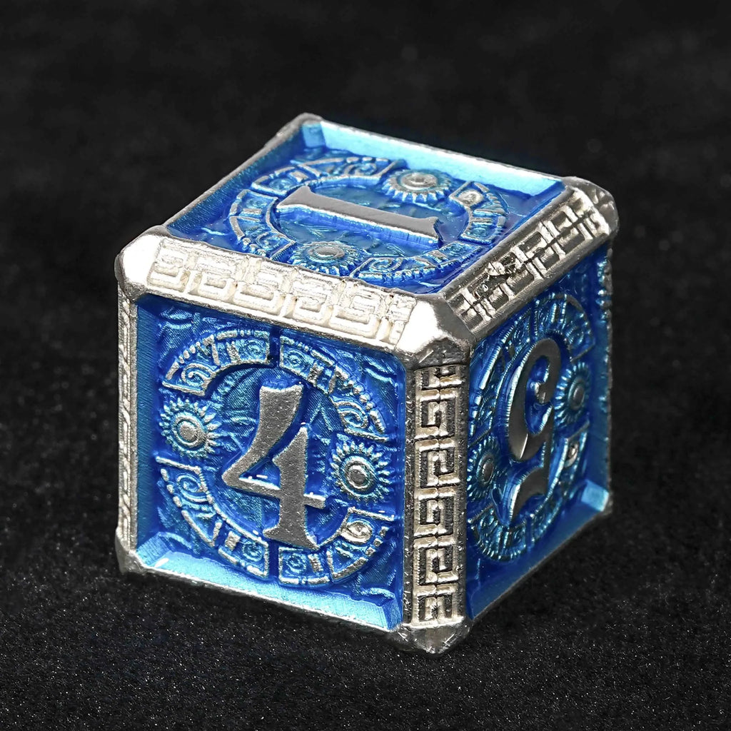 Silver and Blue Greek Refrain Metal DND Dice Set