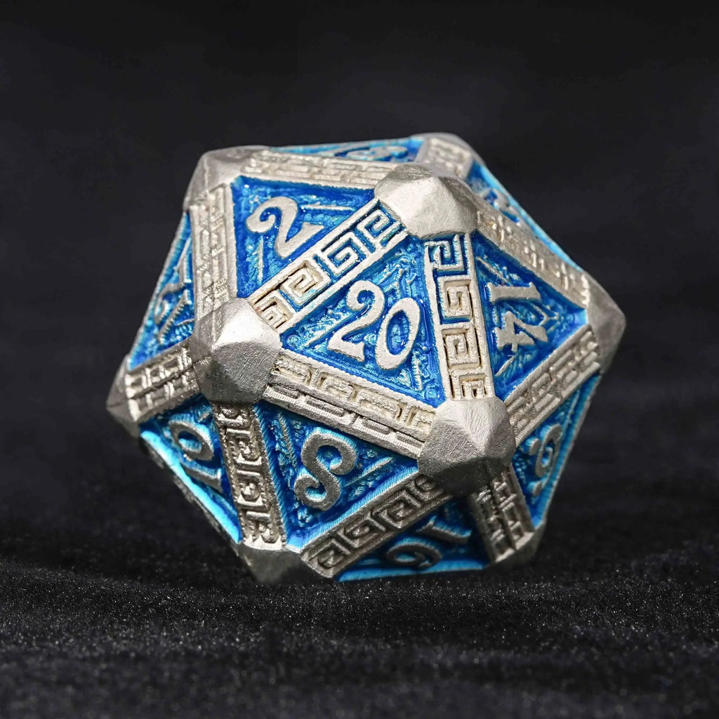 Silver and Blue Greek Refrain Metal DND Dice Set
