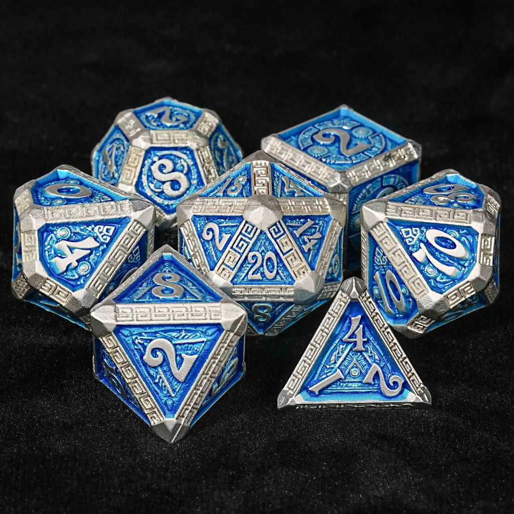 Silver and Blue Greek Refrain Metal DND Dice Set