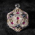 Silver Metal d20 Dice Cage Necklace Set Ruby Dragon's Eye