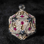 Silver Metal d20 Dice Cage Necklace Set Ruby Dragon's Eye
