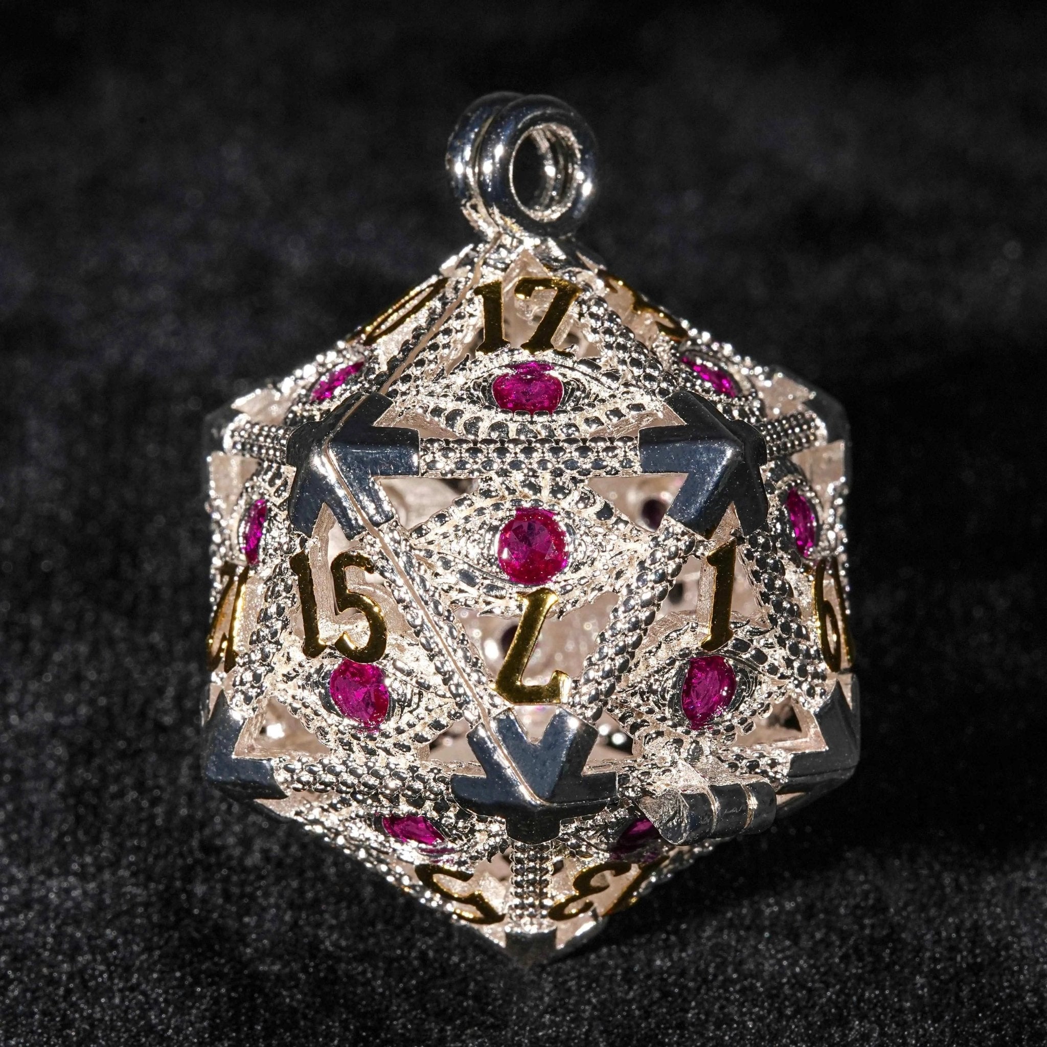 Silver Metal d20 Dice Cage Necklace Set Ruby Dragon's Eye