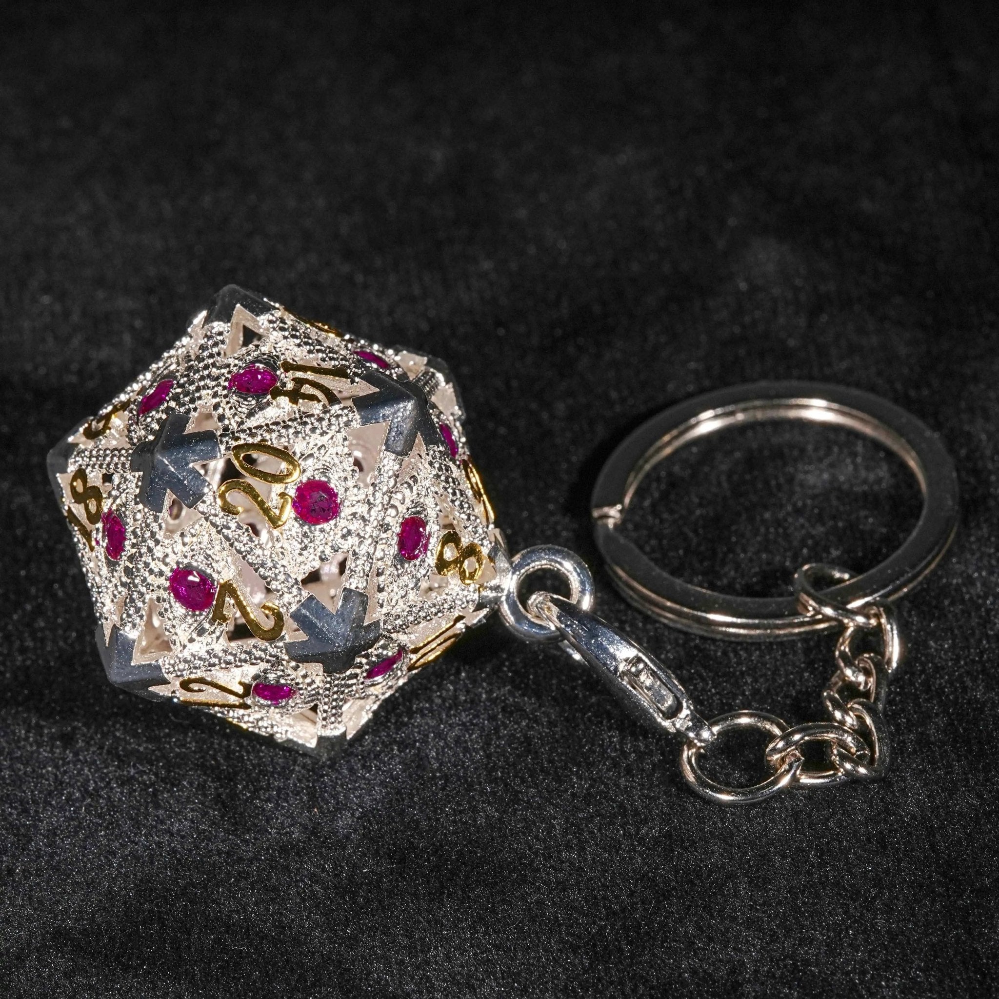 Silver Metal d20 Dice Cage Necklace Set Ruby Dragon's Eye