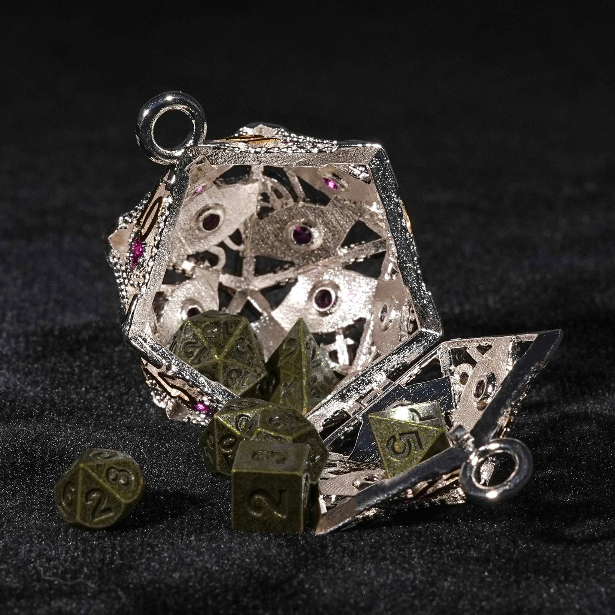 Silver Metal d20 Dice Cage Necklace Set Ruby Dragon's Eye