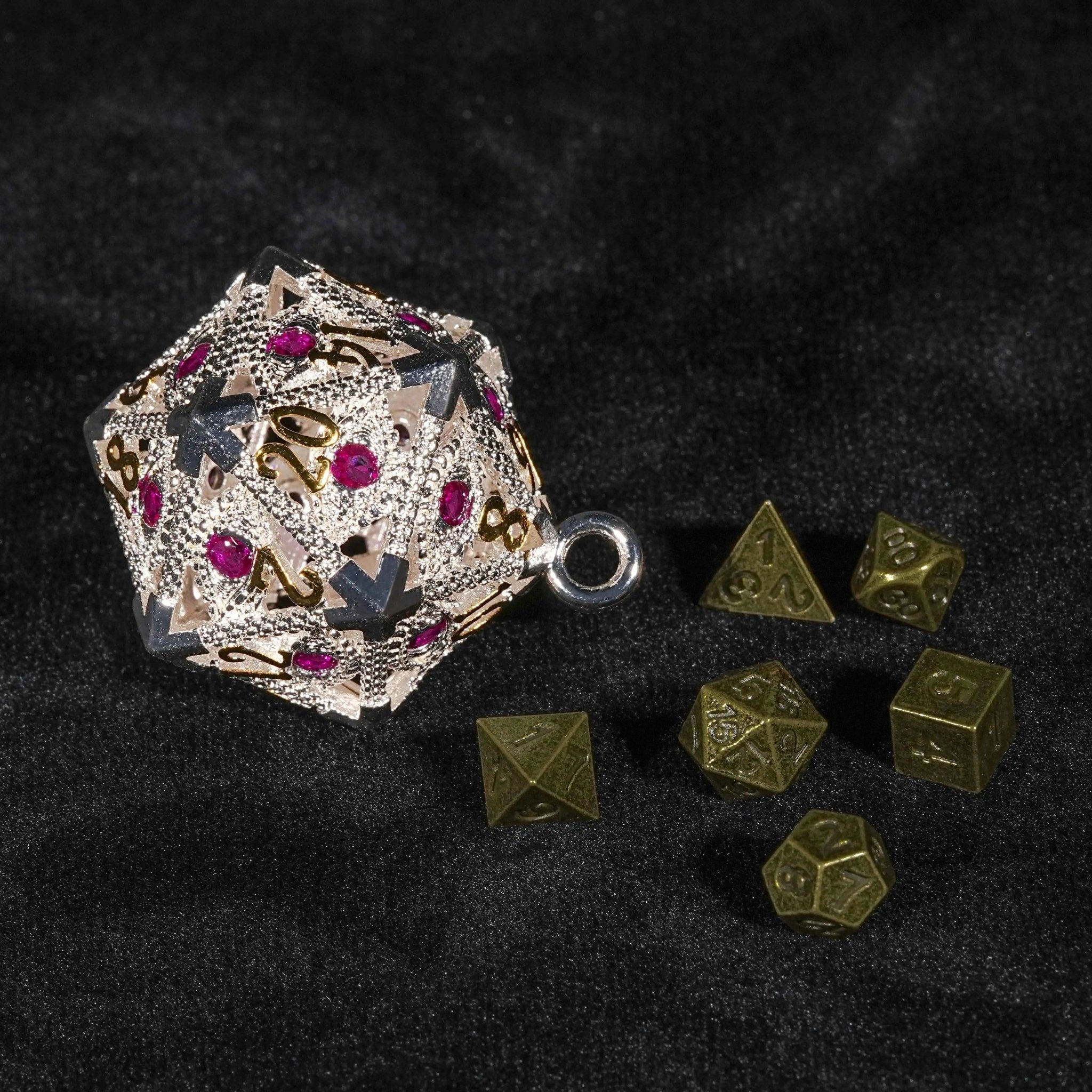 Silver Metal d20 Dice Cage Necklace Set Ruby Dragon's Eye