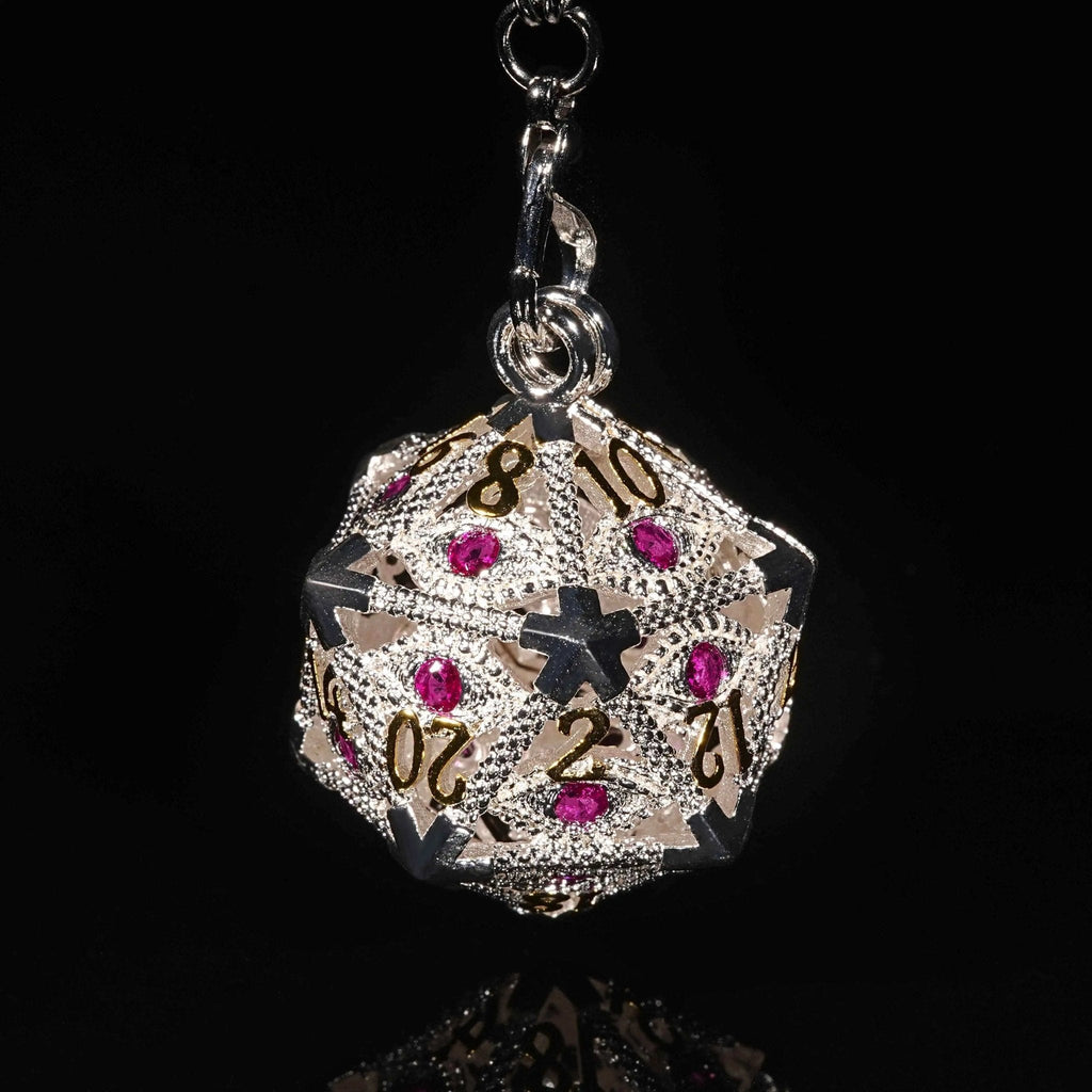 Silver Metal d20 Dice Cage Necklace Set Ruby Dragon's Eye