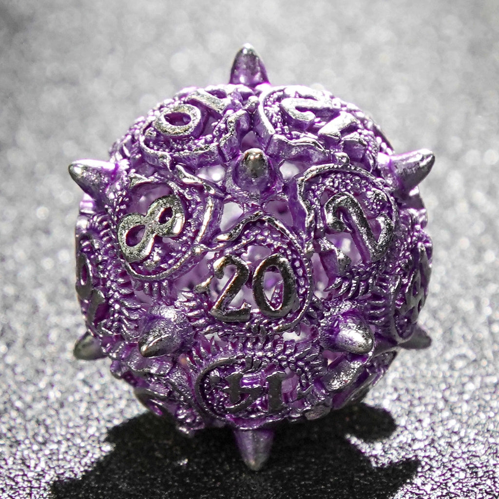 Silver purple meteor hammer hollow metal dnd dice set + silver font