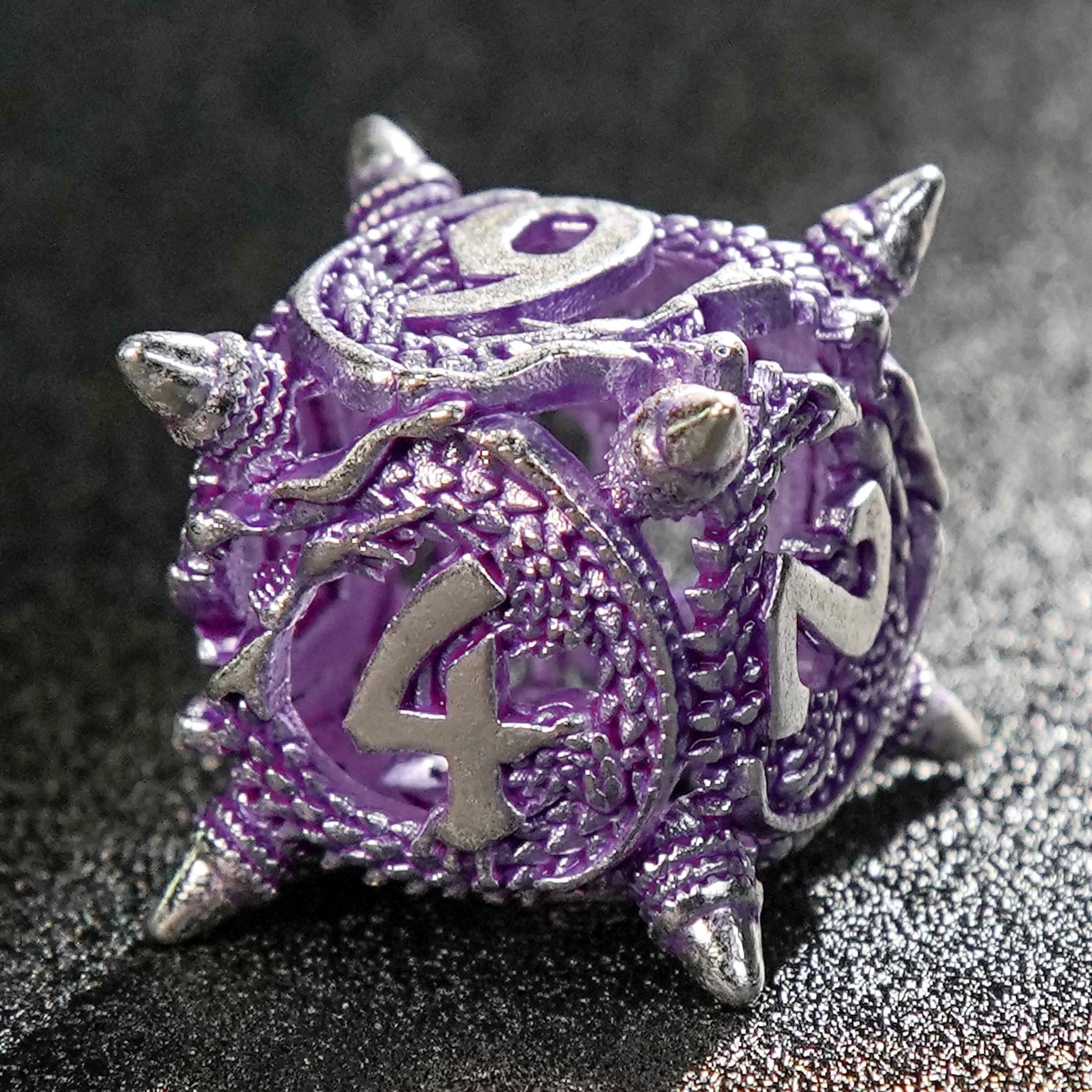 Silver purple meteor hammer hollow metal dnd dice set + silver font