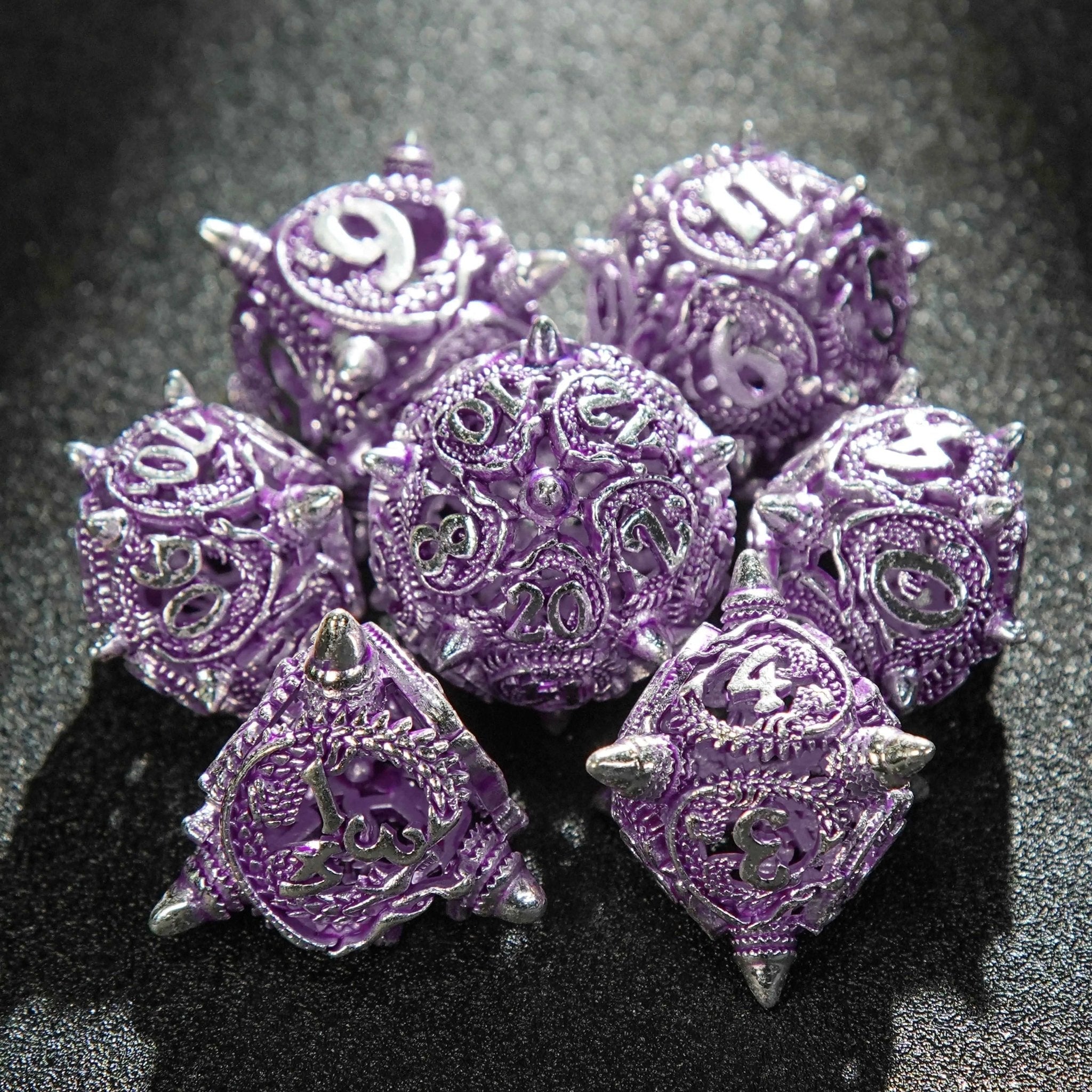 Silver purple meteor hammer hollow metal dnd dice set + silver font