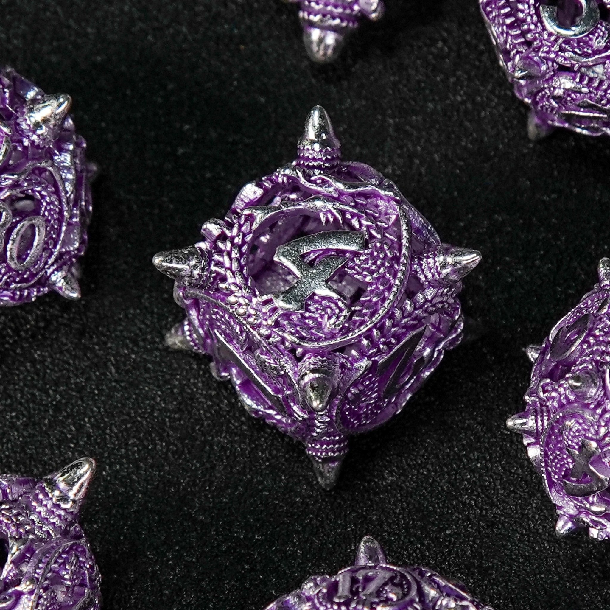 Silver purple meteor hammer hollow metal dnd dice set + silver font