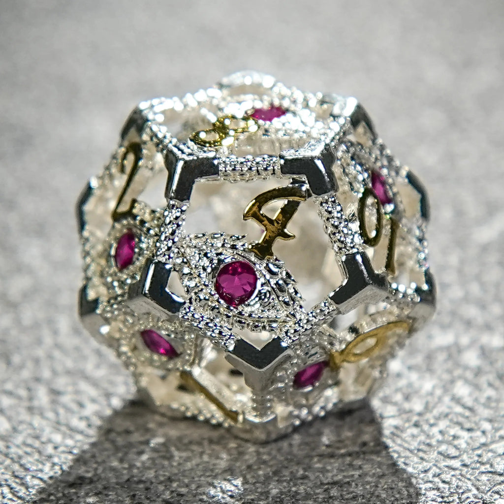 Silver with Pink Gems Dragon's Eye Hollow Metal RPG dice set