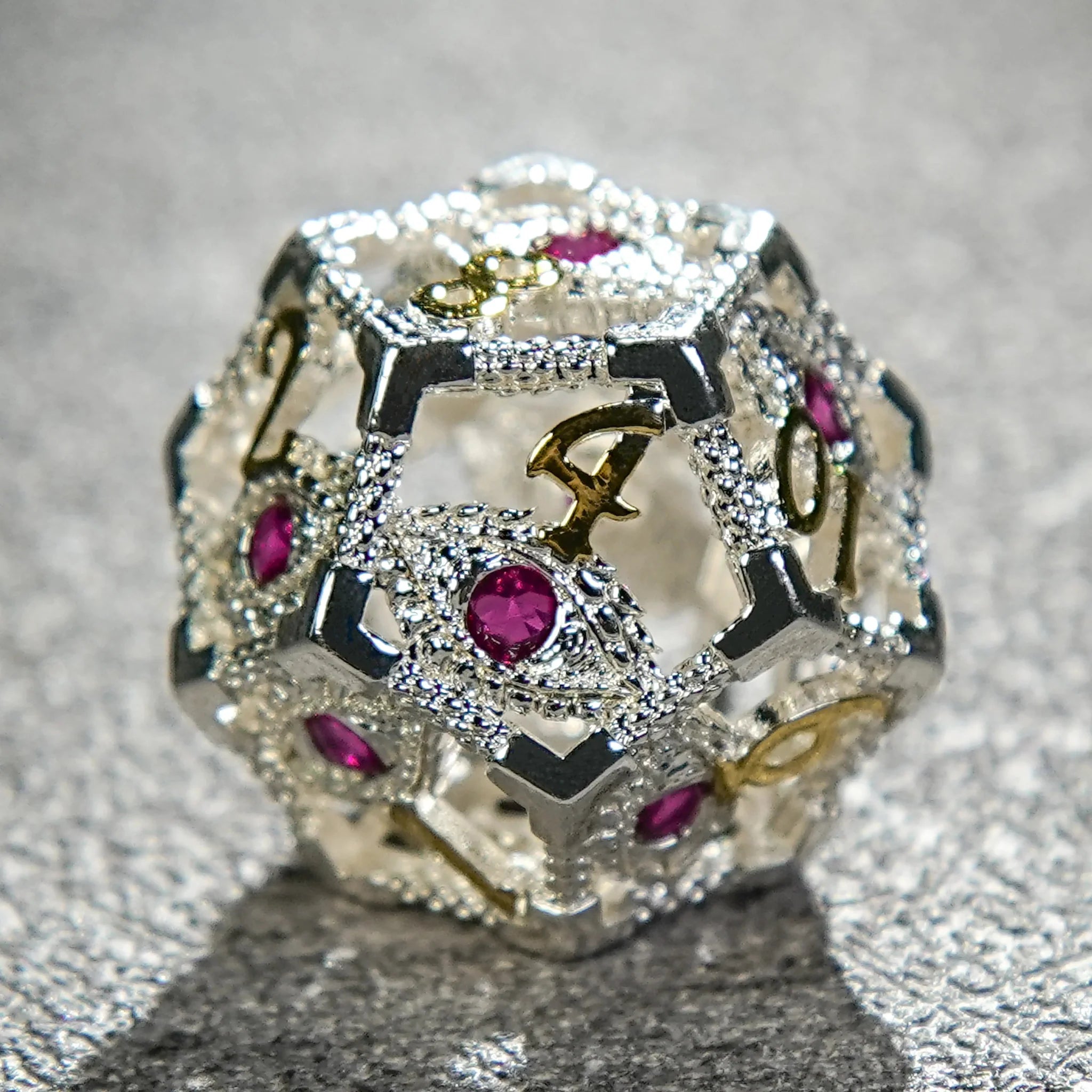 Silver with Pink Gems Dragon's Eye Hollow Metal RPG dice set