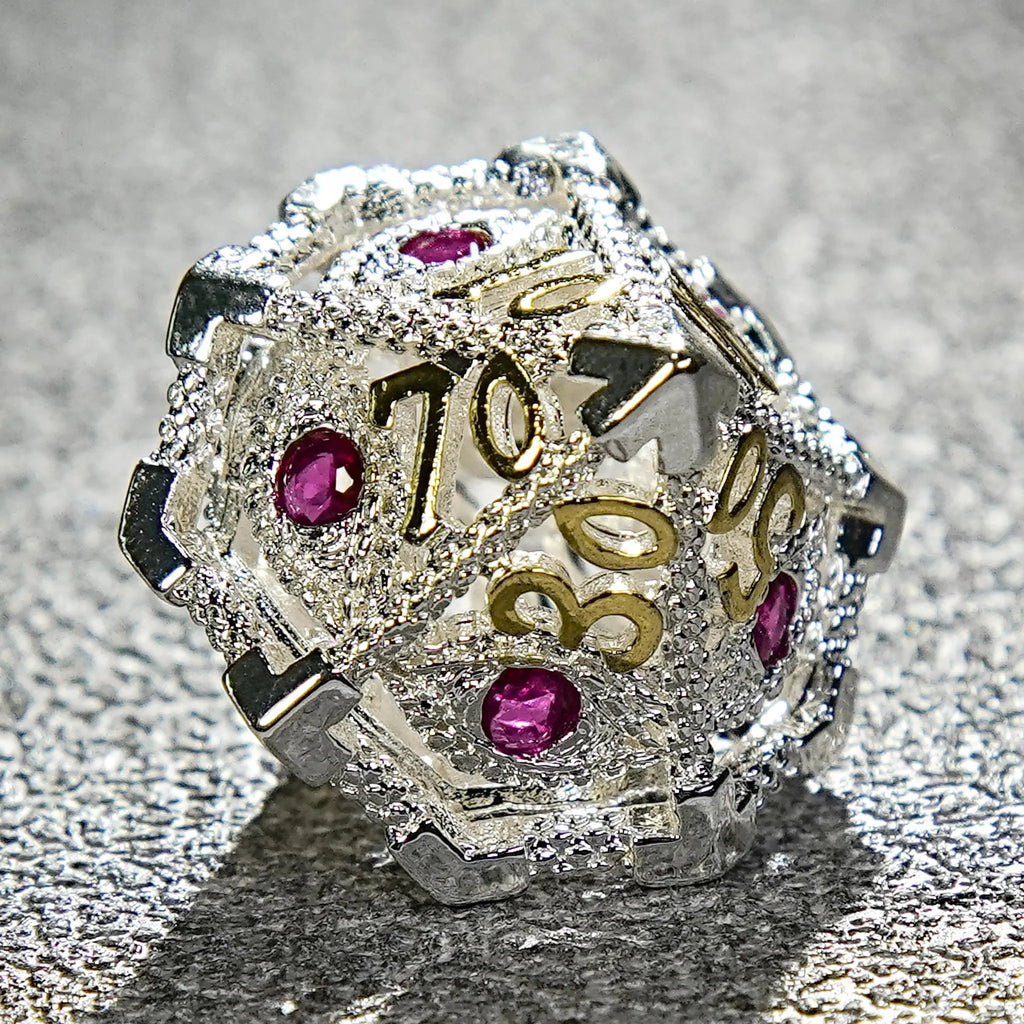 Silver with Pink Gems Dragon's Eye Hollow Metal RPG dice set
