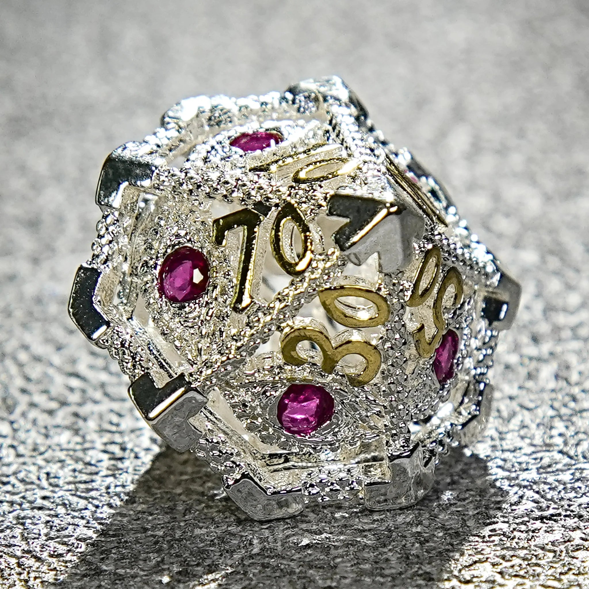 Silver with Pink Gems Dragon's Eye Hollow Metal RPG dice set