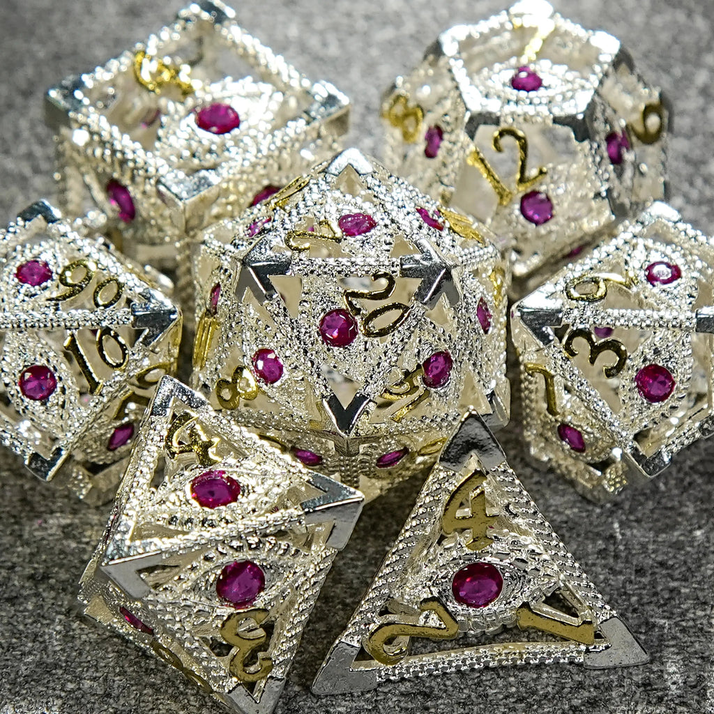 Silver with Pink Gems Dragon's Eye Hollow Metal RPG dice set