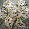 Silver with Pink Gems Dragon's Eye Hollow Metal RPG dice set