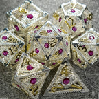Silver with Pink Gems Dragon's Eye Hollow Metal RPG dice set