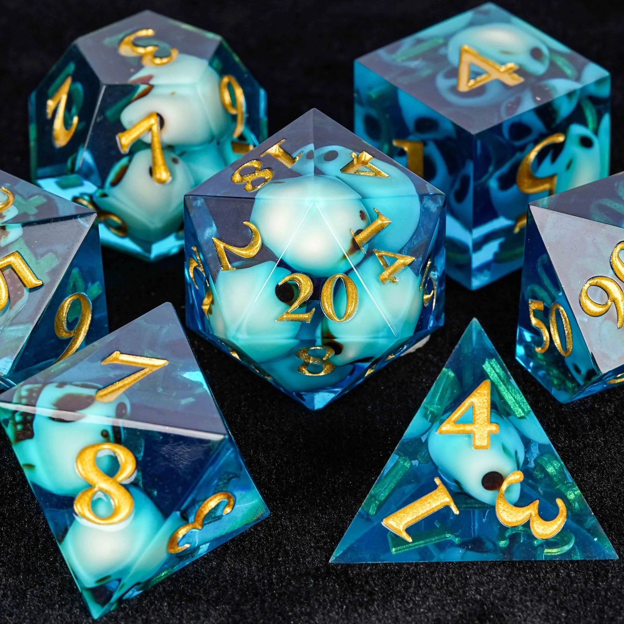 Skeleton Nightmare - Blue Resin DND Dice Set + Gold Numbers