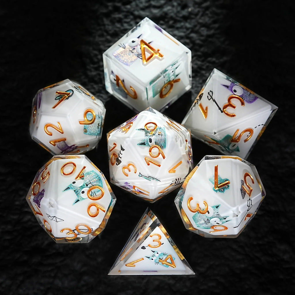 Smiley Cat White Resin DND Dice Set + Gold Font