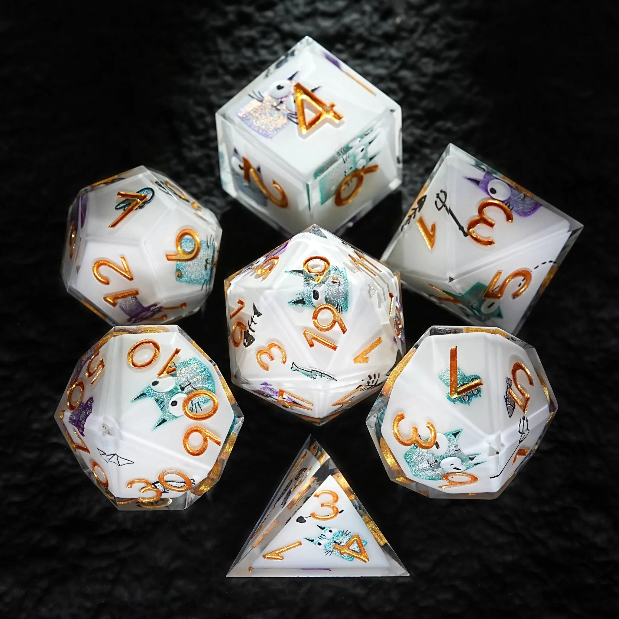 Smiley Cat White Resin DND Dice Set + Gold Font