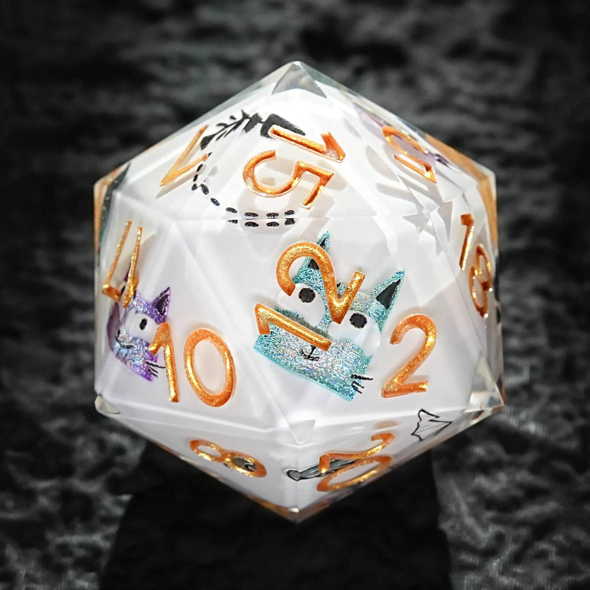 Smiley Cat White Resin DND Dice Set + Gold Font