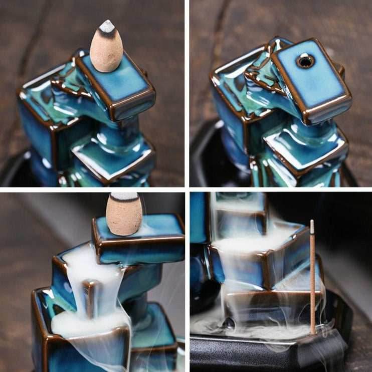 Blue Cubes Waterfall-Cascading Backflow Incense Burner - 