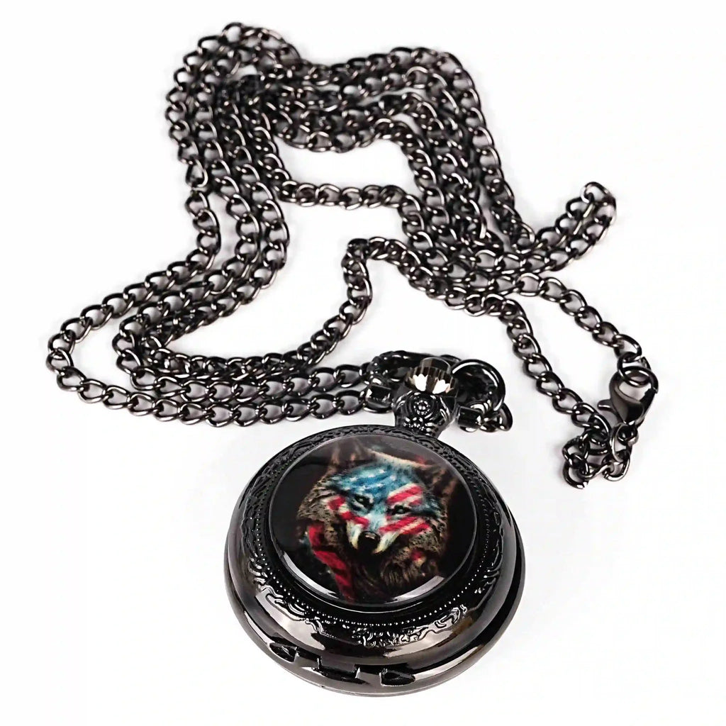 Steampunk DND Metal Dice Black Wolf Necklace | Two-in-one & Pocket Watch
