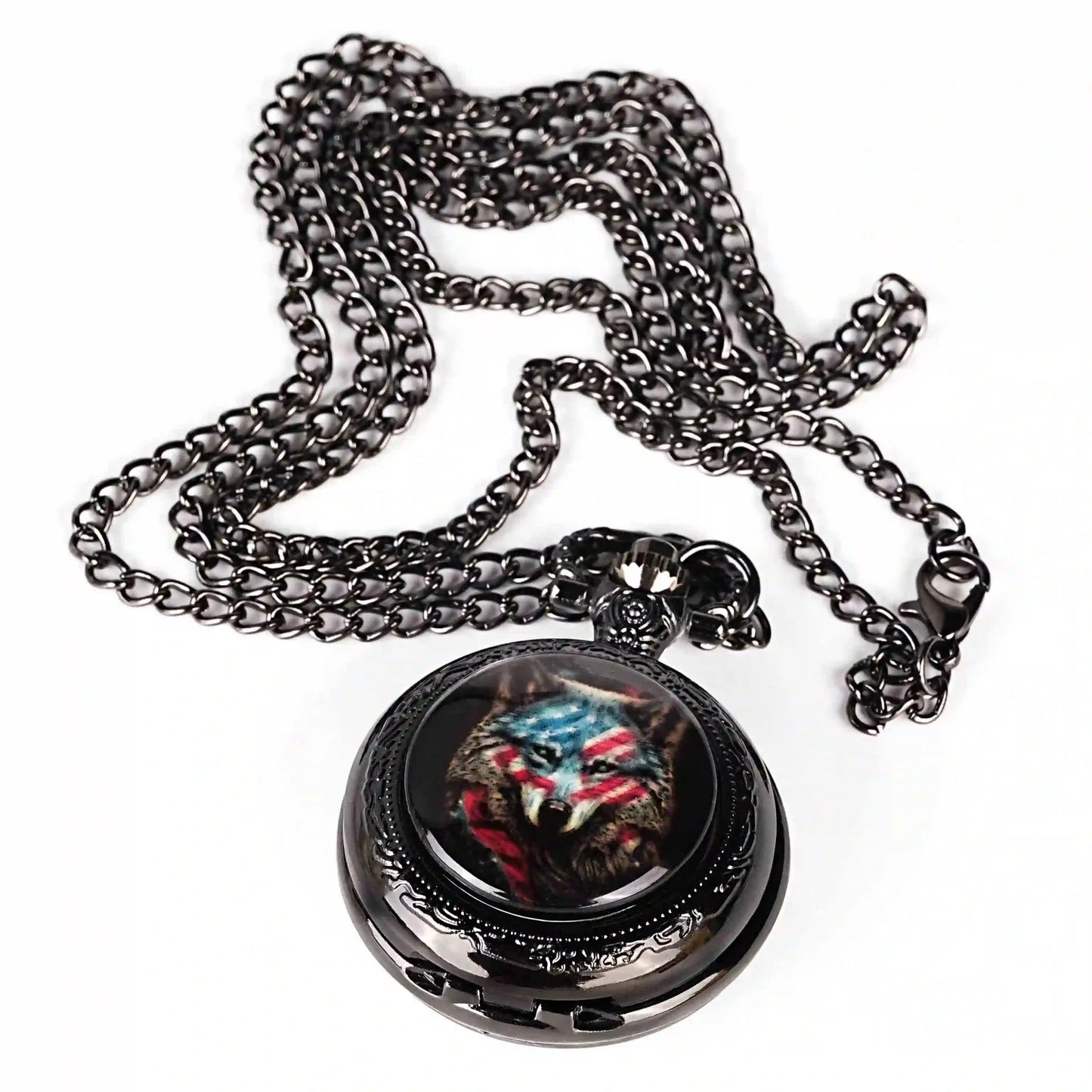 Steampunk DND Metal Dice Black Wolf Necklace | Two-in-one & Pocket Watch