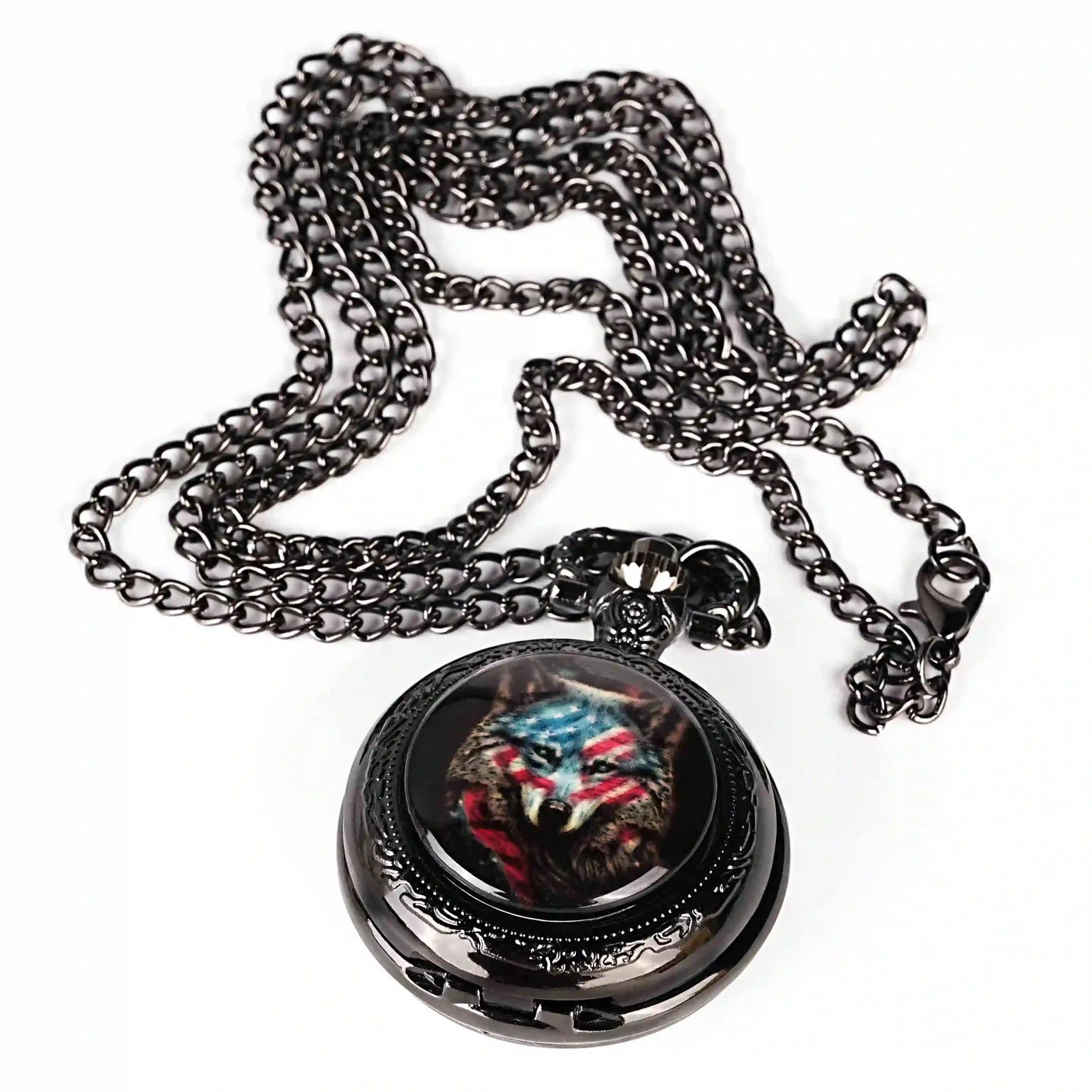 Steampunk DND Metal Dice Black Wolf Necklace | Two-in-one & Pocket Watch