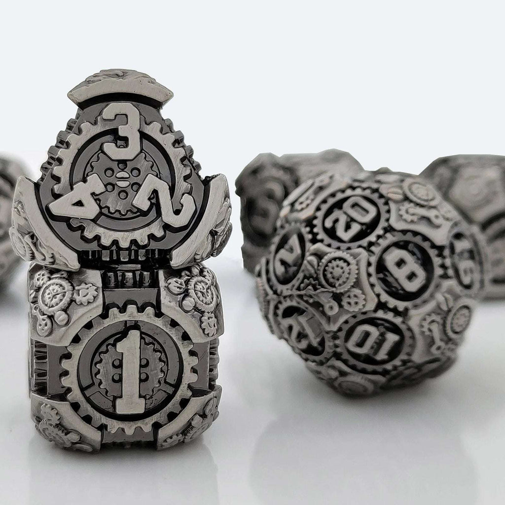 Steampunk - silver and black mechanical gear metal dice set