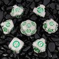 Steampunk Silver Shell with Green Gear Metal Solid Dice Set + Silver Font