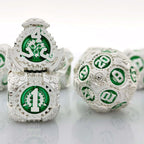 Steampunk Silver Shell with Green Gear Metal Solid Dice Set + Silver Font