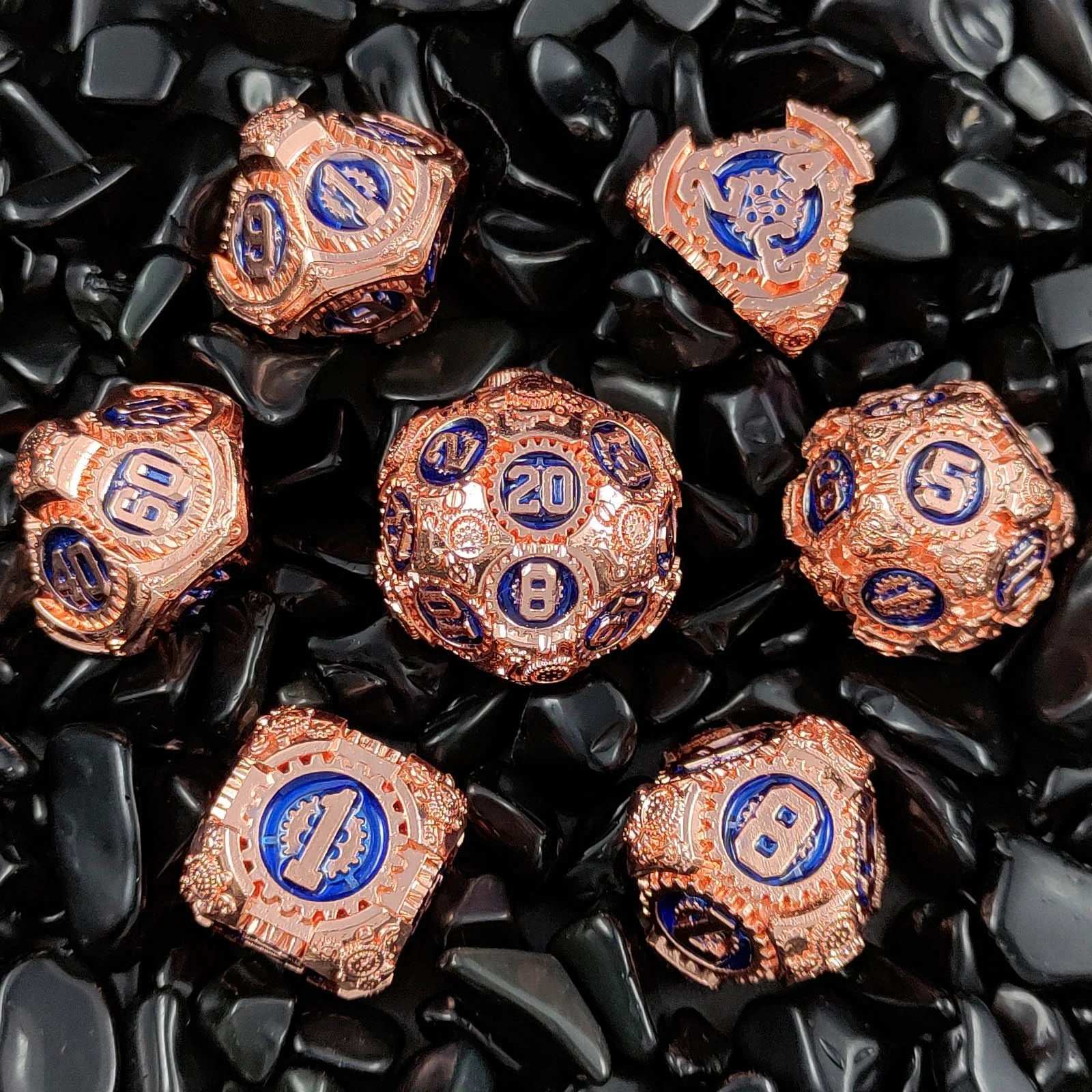 Steampunk Style - Gear Metal DND Dice Set Red Copper Treasure Blue