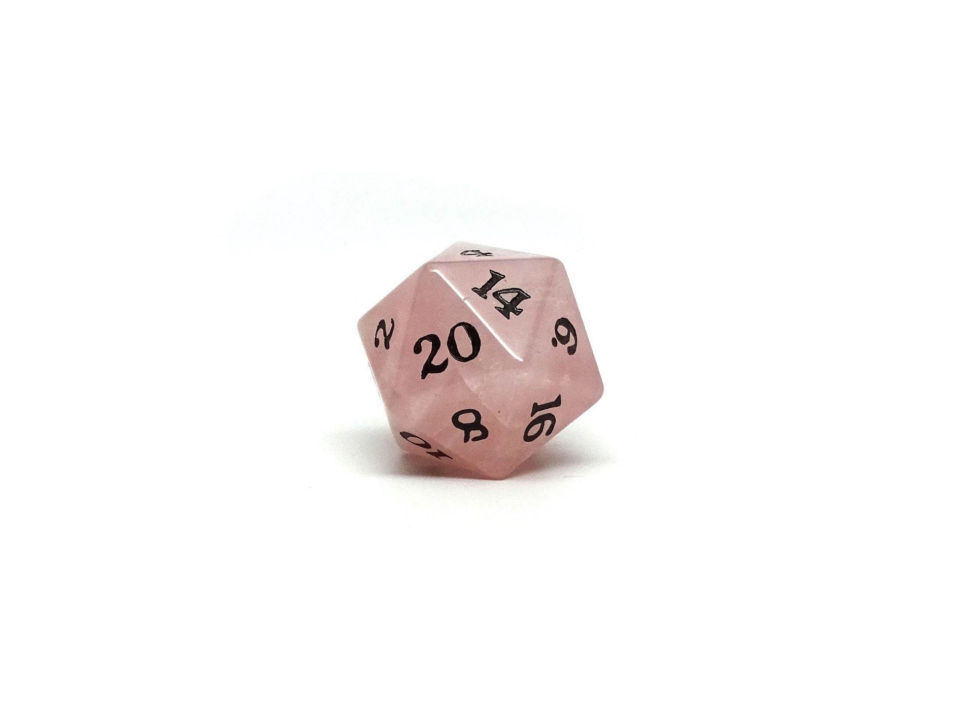 Stone D20 Dice - Rose Quartz - Signature Font - 