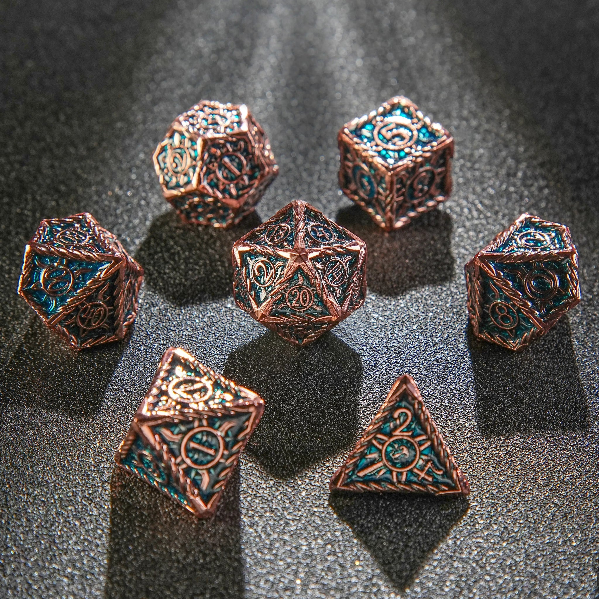 Sun Pattern Antique Red Copper Blue Metal DND Dice Set