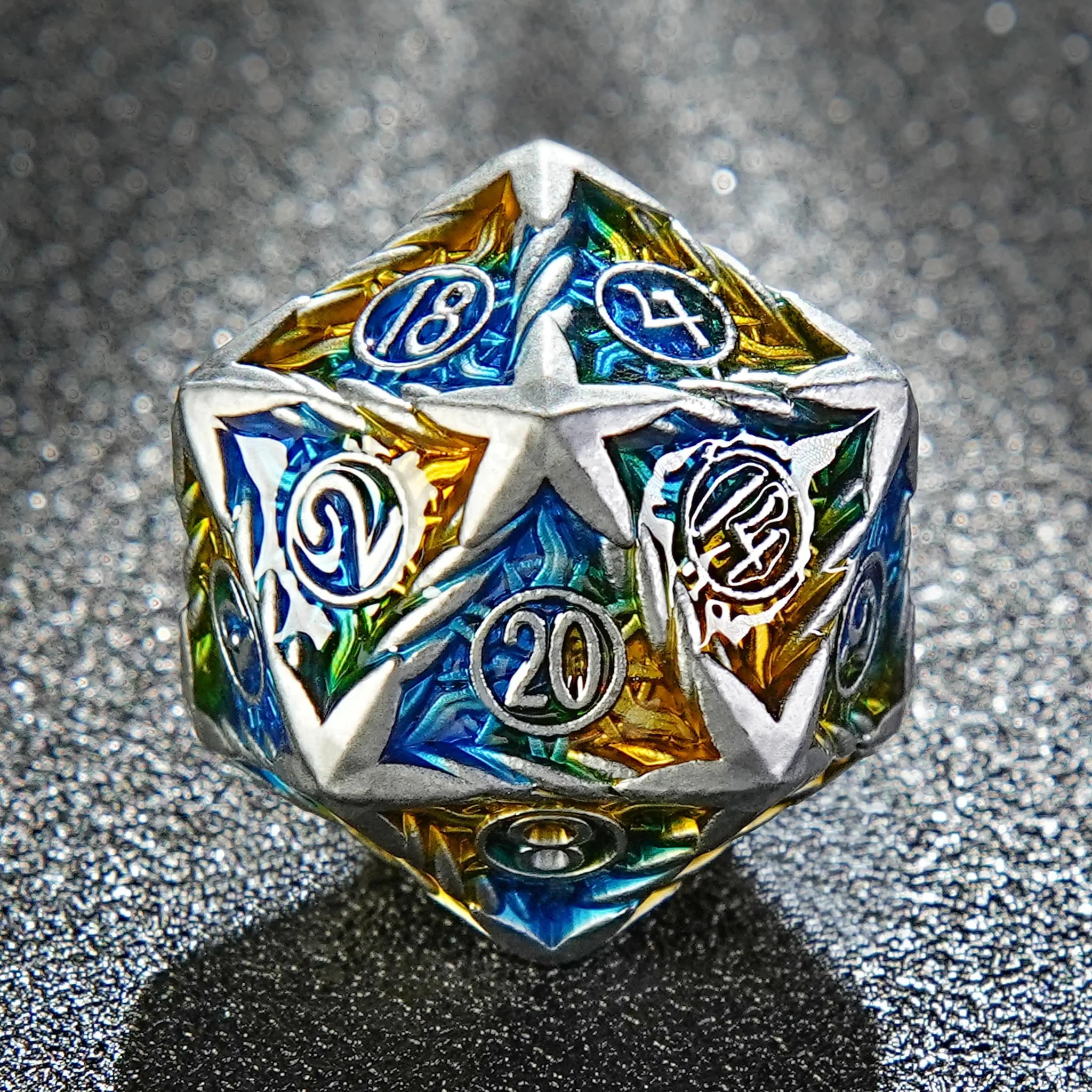 Sun Pattern Silver Solid Metal DND Dice Set + Yellow and Blue Colorway
