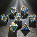 Sun Pattern Silver Solid Metal DND Dice Set + Yellow and Blue Colorway