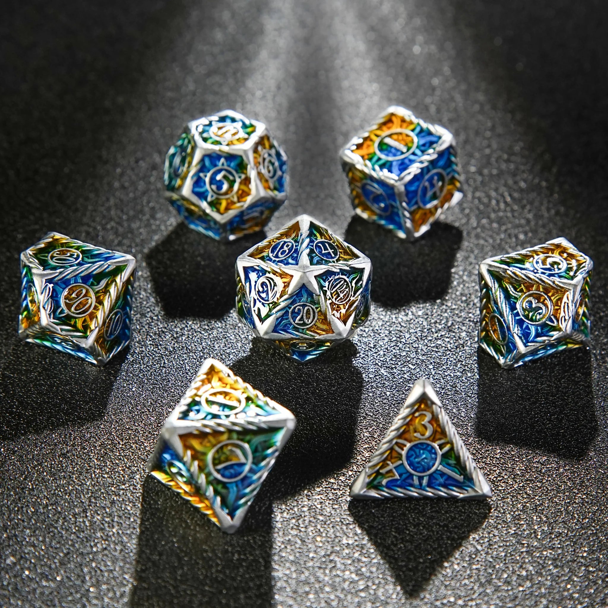 Sun Pattern Silver Solid Metal DND Dice Set + Yellow and Blue Colorway