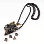 Super cool metal black dragon head dice necklace +mini metal dice set