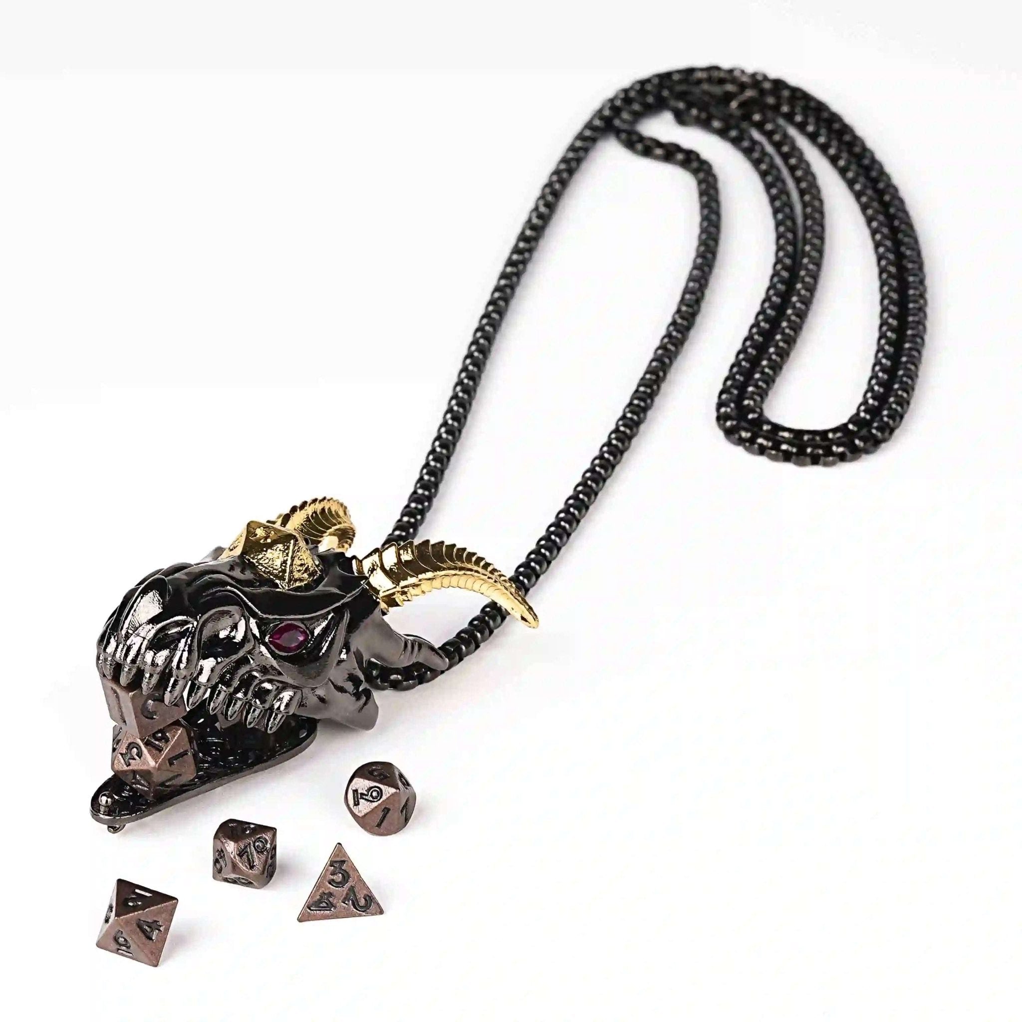 Super cool metal black dragon head dice necklace +mini metal dice set