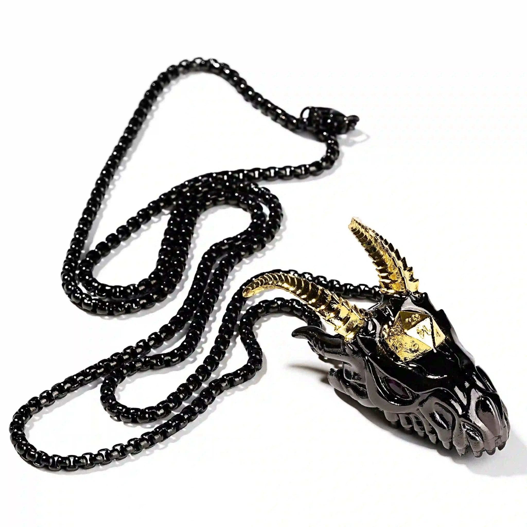 Super cool metal black dragon head dice necklace +mini metal dice set