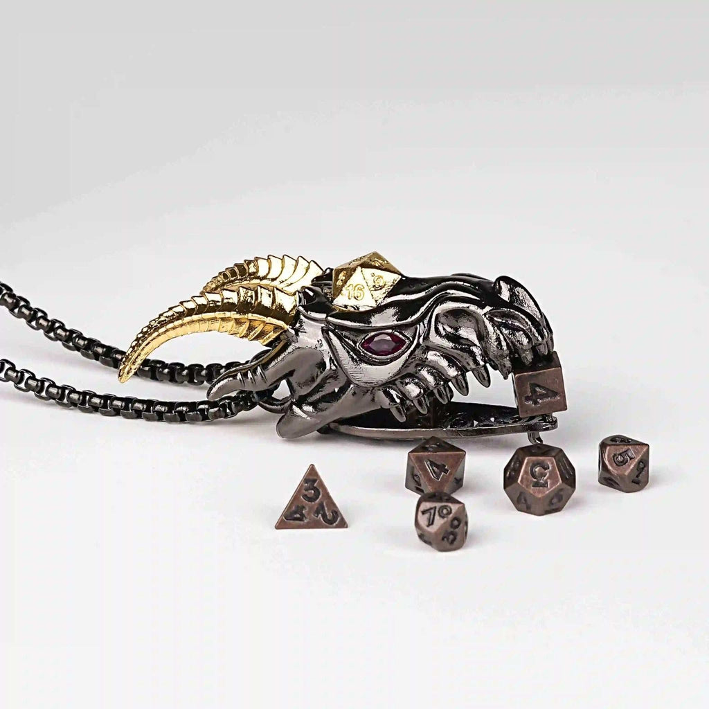 Super cool metal black dragon head dice necklace +mini metal dice set