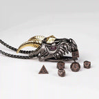 Super cool metal black dragon head dice necklace +mini metal dice set