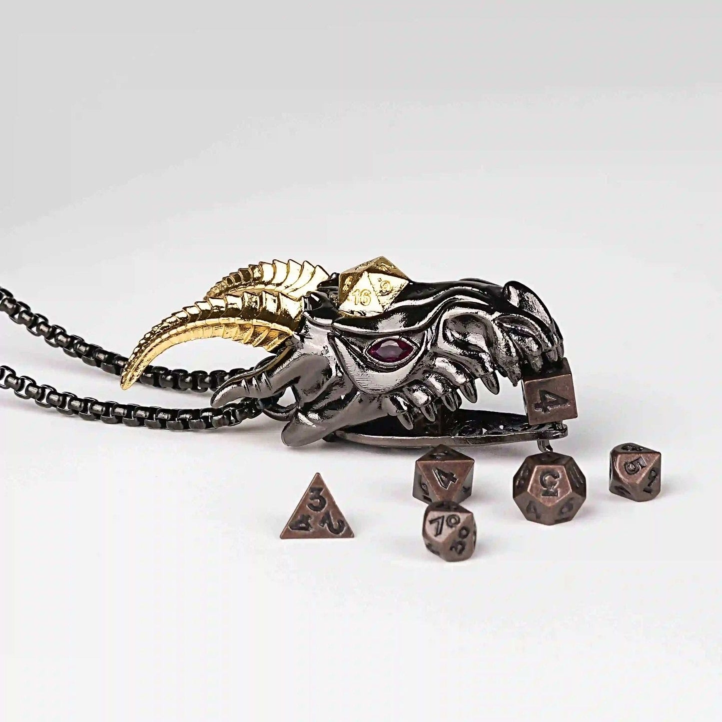 Super cool metal black dragon head dice necklace +mini metal dice set