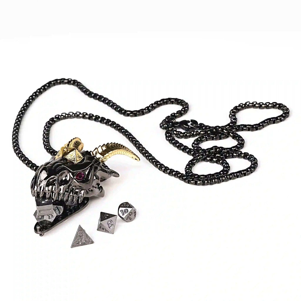 Super cool metal black dragon head dice necklace +mini metal dice set