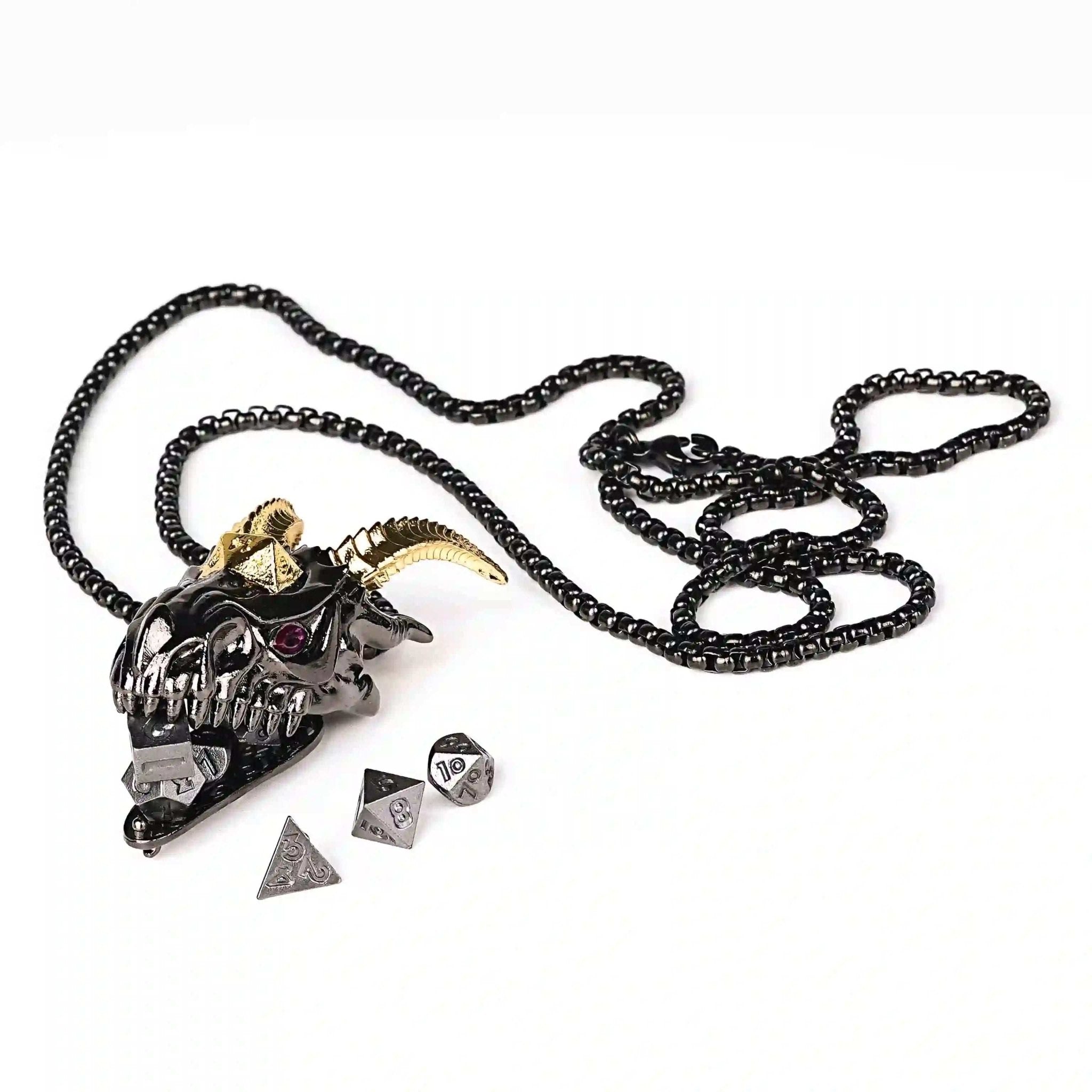 Super cool metal black dragon head dice necklace +mini metal dice set