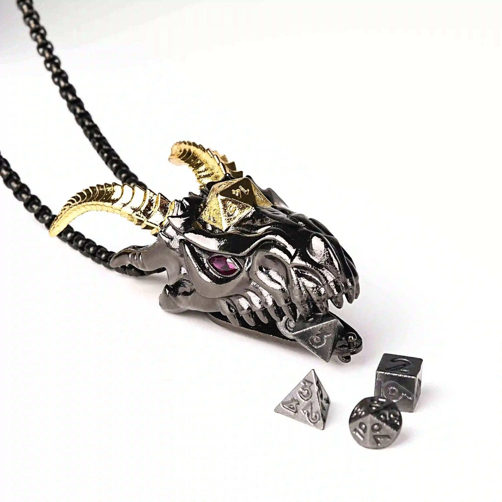 Super cool metal black dragon head dice necklace +mini metal dice set