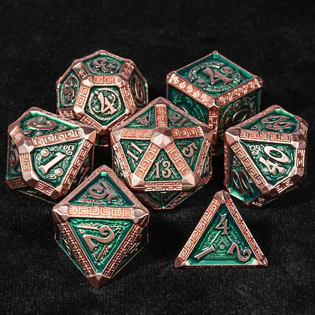 The Exquisite Mayan - themed Dice set with Copper - and - green Design