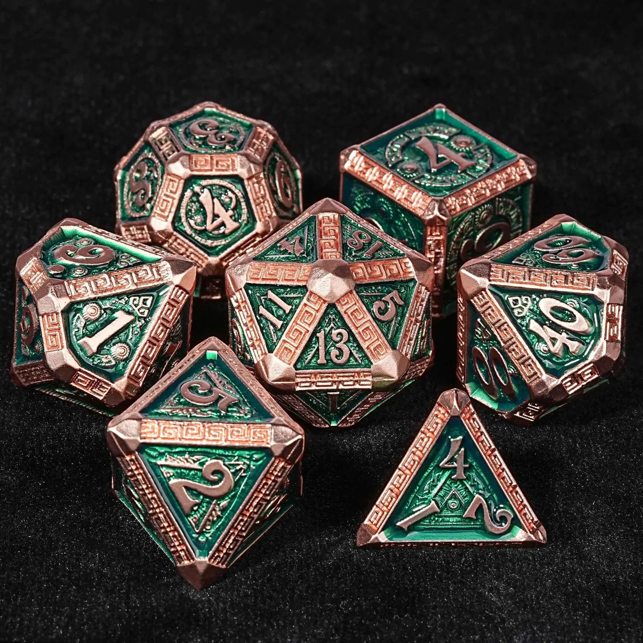 The Exquisite Mayan - themed Dice set with Copper - and - green Design